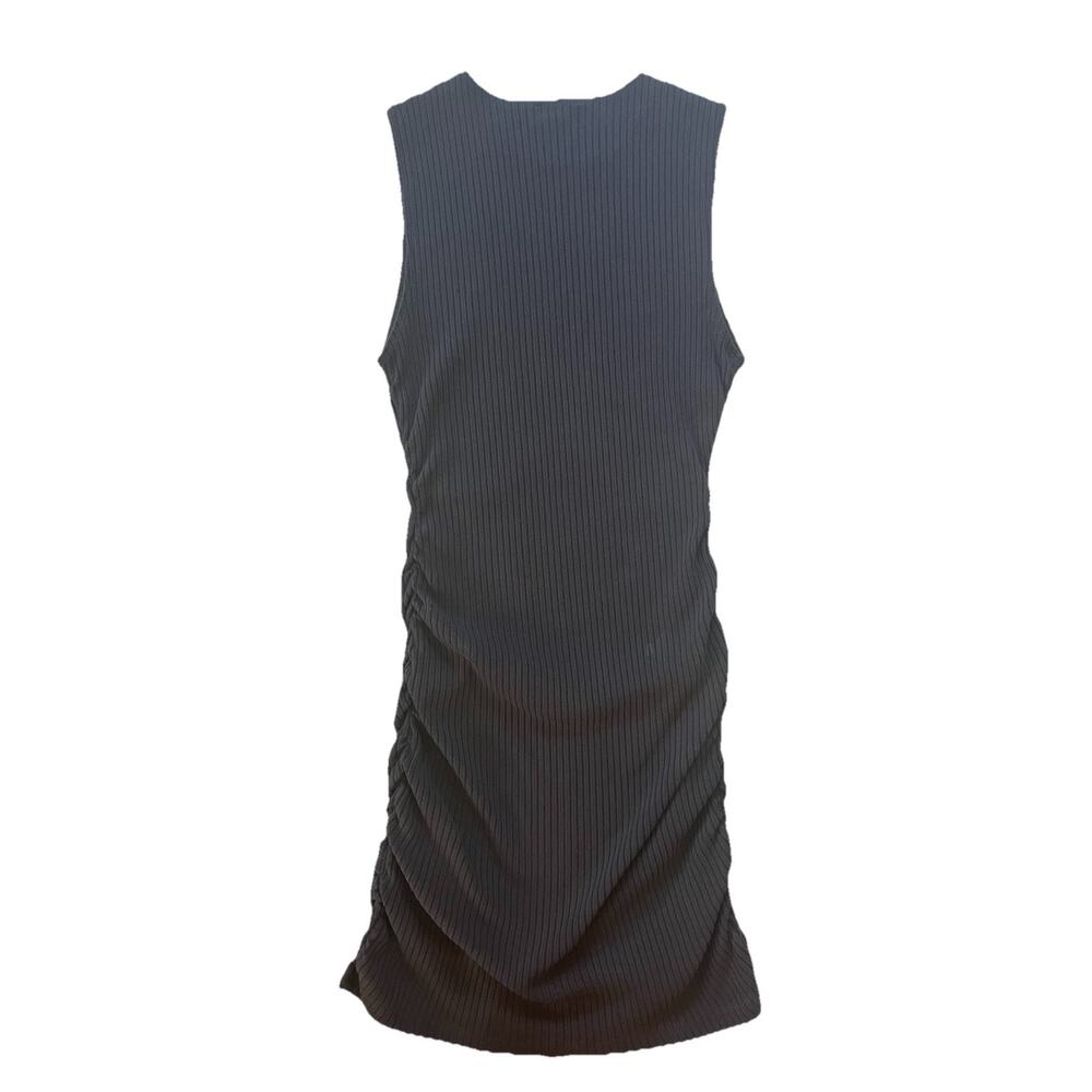 Reformation Organic Cotton Ribbed Knit Ruched Bodycon Black Mini Dress, Size M - Picture 2 of 9